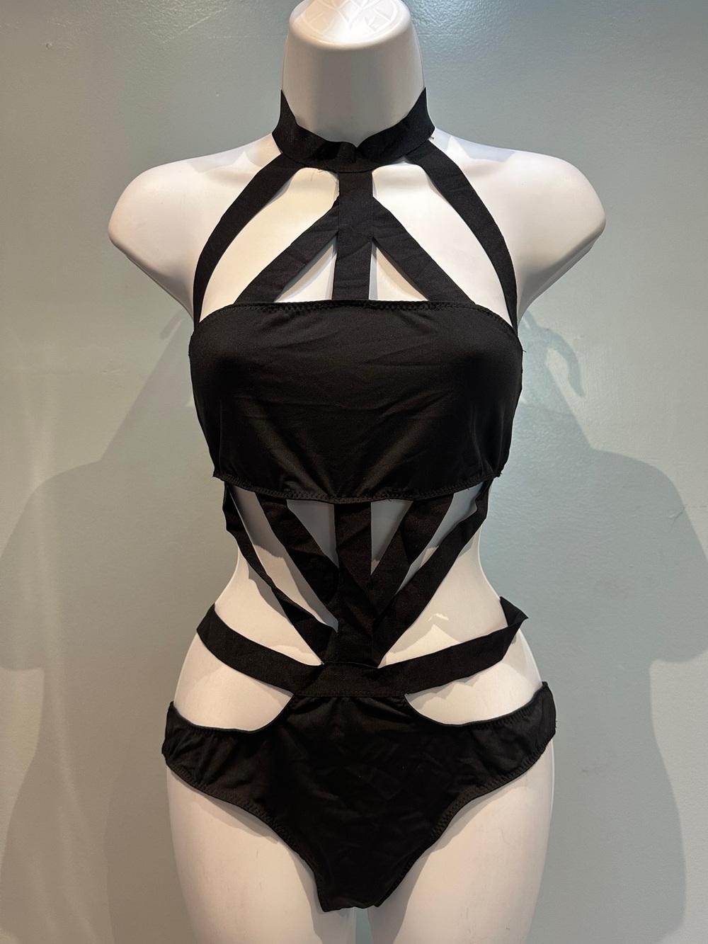 Pink Lipstick Black Strappy Lingerie Bodysuit Medium/Large